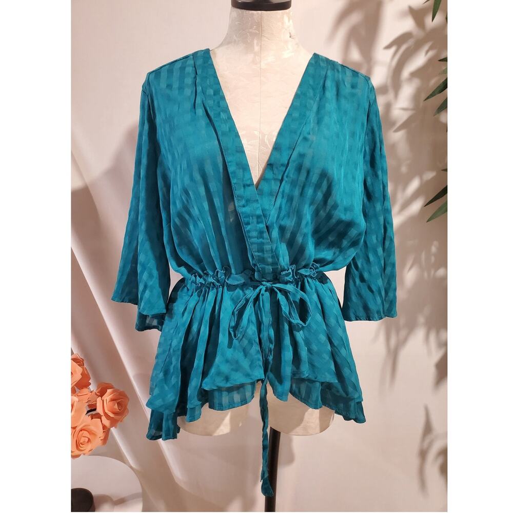 Melissa McCarthy Seven7 Striped Layered Sheer Tie Waist Top Size 2X Teal Blue